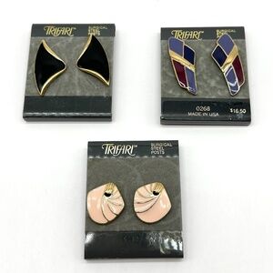 3 pairs Vintage Trifari Earrings Black Blue Pink Gold Trim Enamel
